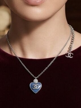CHANEL Blue Heart Logo Necklace